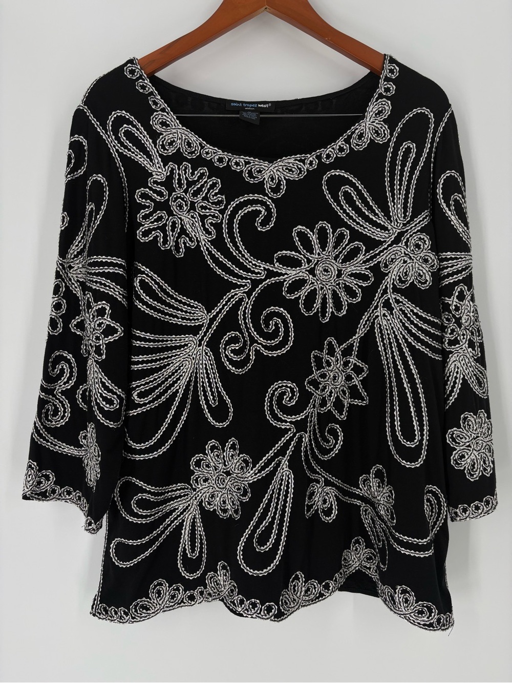 St Tropez West 3/4 Sleeve Classy Elegant Black Embroidered Resort Blouse Top 1X